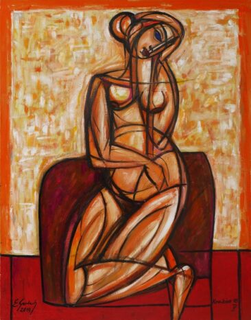 Siedząca na dywaniku - akt, 2019
olej, płótno, 107 x 83 cm
