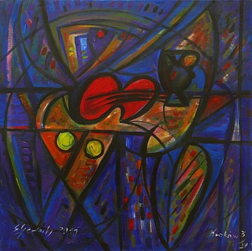 Martwa natura z czerwonymi skrzypcami - błękitna, 2011
olej, płótno, 100 x 100 cm
