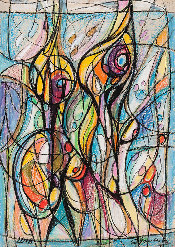 Tańczące nimfy, 2018 r. pastel na kartonie, 86 x 61 cm
